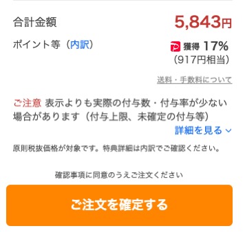 ヤフーショッピングでクーポン300円オフ、ポイント還元17%（917ポイント）で買い物をした時の購入画面